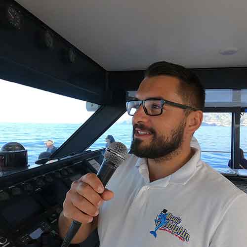 Fabio is the main host on the Magic Dolphin Eco catamaran tours.